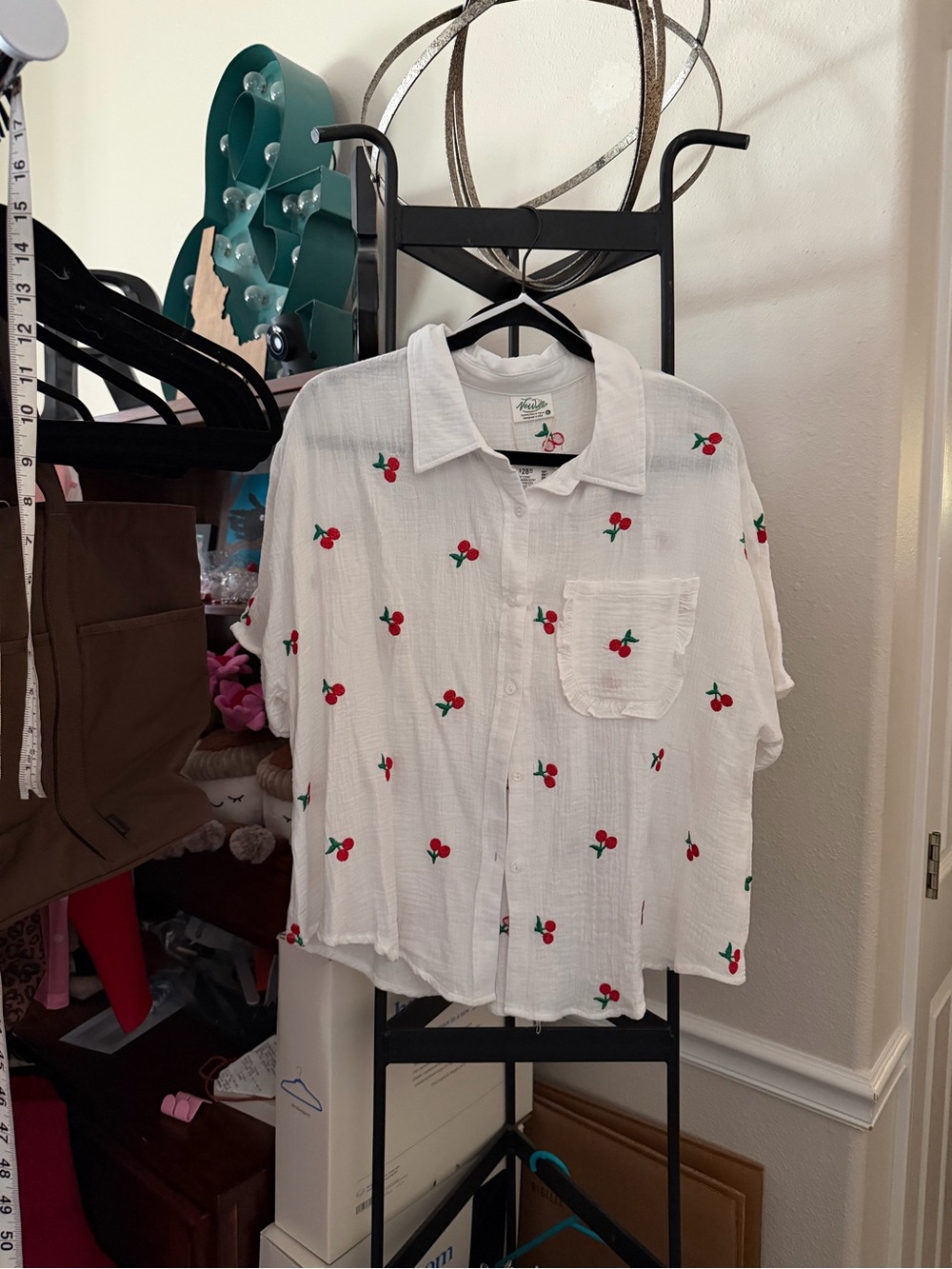 White Cherry-Print Button-Up Shirt